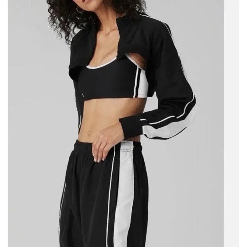 Alo Yoga Racetrack Shrug Black White Crop Jacket Zip Long Sleeve Sz XS